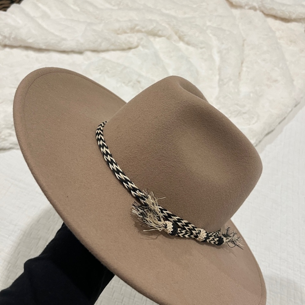 Free People Tan Hat with Black and White Braided Band